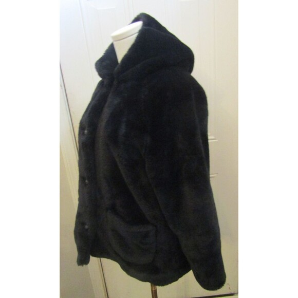 GAP Coat Black Faux Fur Jacket Hooded Vintage Front Pockets Lined Size S/M - Picture 4 of 7